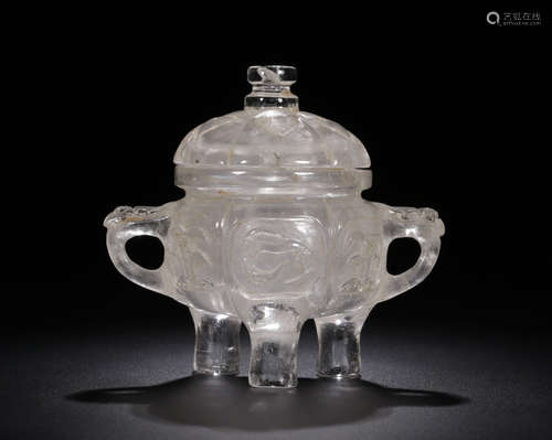 A CRYSTAL CASTED FLORAL PATTERN TRIPOD CENSER