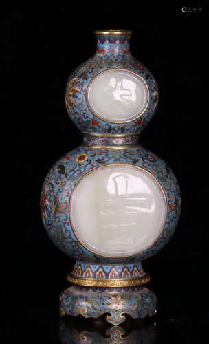 A CLOISONNE CASTED JADE DECORATED GOURD BOTTLE