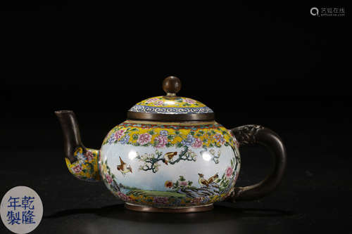 A BRONZE CASTED ENAMELED GLAZE TEAPOT