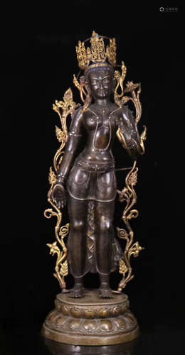 A TIBETAN BRONZE CASTED GEM GREEN TARA BUDDHA