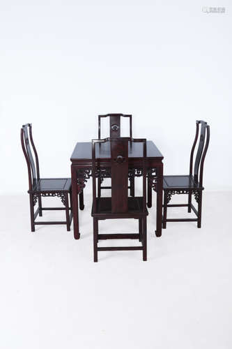 A ZITAN WOOD CARVED SQUARE TABLE AND CHAIR