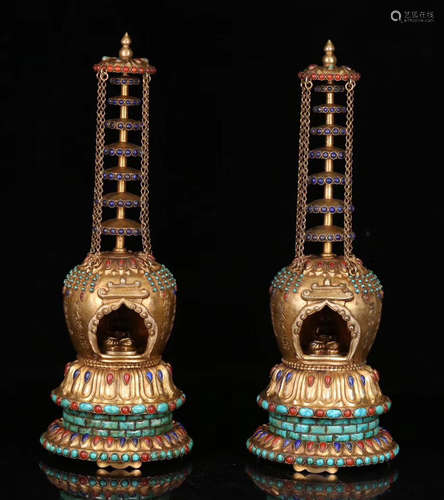 A GILT BRONZE GEM DECORATED BUDDHIST STUPA