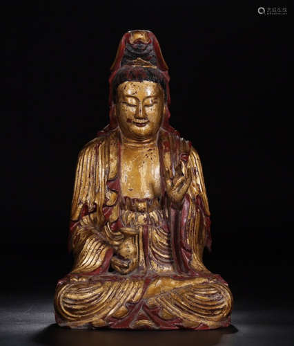 A WOOD CARVED GILDED GUANYIN BUDDHA