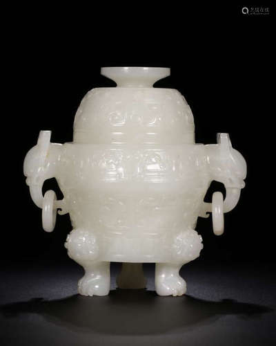 A HETIAN JADE CARVED BEAST PATTERN TRIPOD CENSER