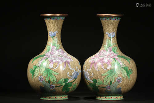 PAIR CLOISONNE CASTED FLORAL PATTERN VASE