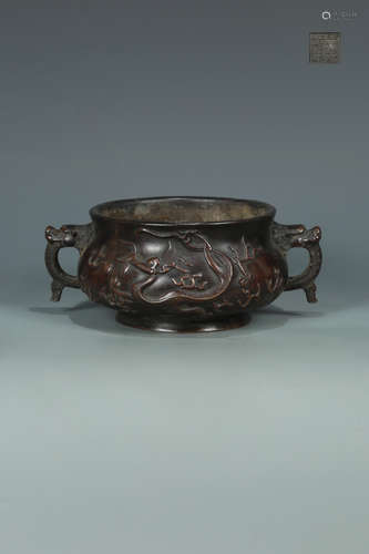 A BRONZE CASTED DRAGON PATTERN DOUBLE EAR CENSER