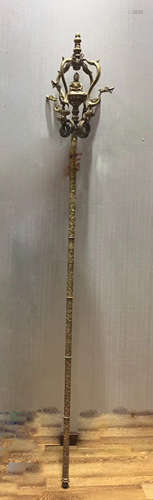 A GILT BRONZE GEM DECORATED BUDDHIST ZEN STAFF