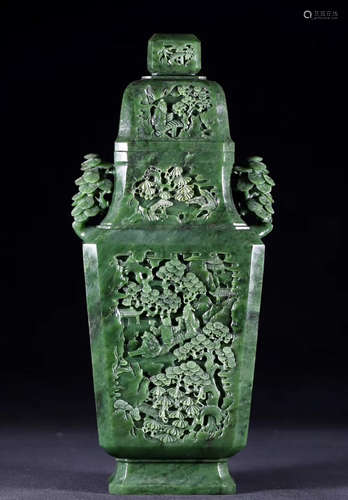 A HETIAN GREEN JADE CARVED DOUBLE EAR BOTTLE