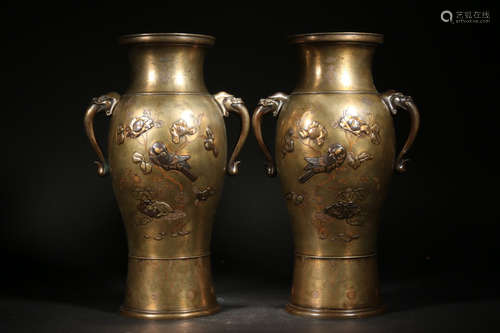 PAIR BRONZE CASTED LANDSCAPE PATTERN VASE