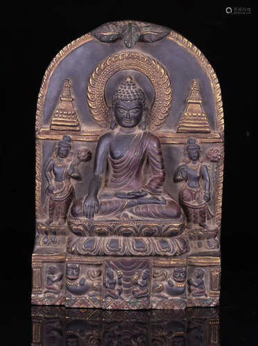 A BLACK STONE CARVED SAKYAMUNI BUDDHA