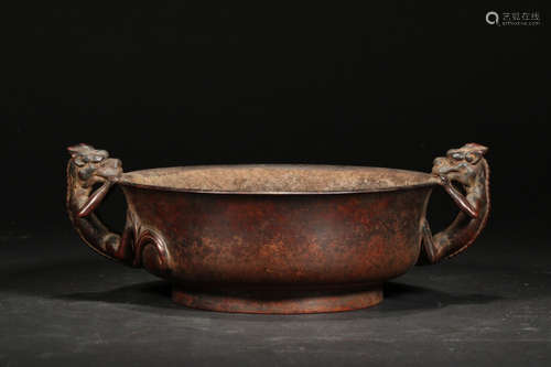 A BRONZE CASTED DOUBLE EAR CENSER