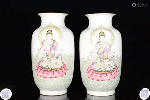 PAIR FAMILLE ROSE GUANYIN PATTERN VASES