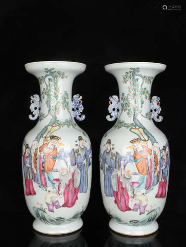 PAIR FAMILLE ROSE FIGURE PATTERN VASES