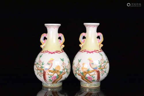 PAIR CLOISONNE GLAZE FLORAL AND BIRD PATTERN VASES