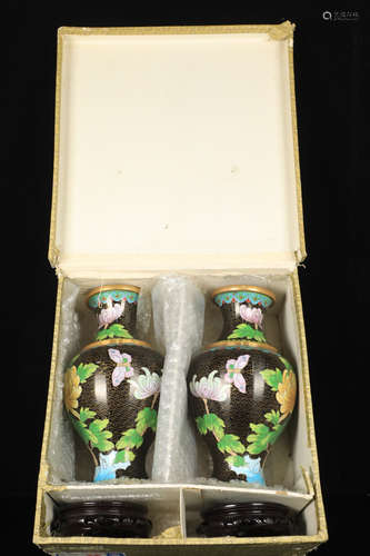 PAIR BRONZE CASTED CLOISONNE FLORAL PATTERN VASE