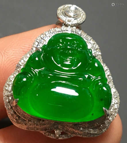 A GREEN JADEITE CARVED BUDDHA PENDANT, A CLASS