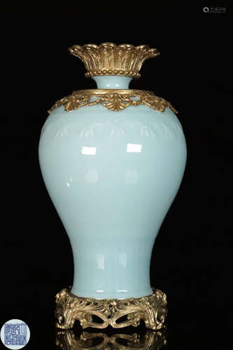 AN AZURE GLAZE BRONZE DECORATED VASE