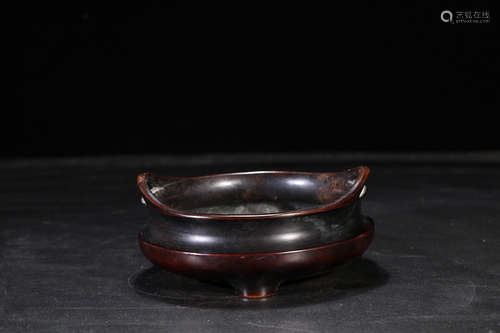 17-19TH CENTURY, A DOUBLE-EAR PURPLE BRONZE CENSER, QING DYNASTY