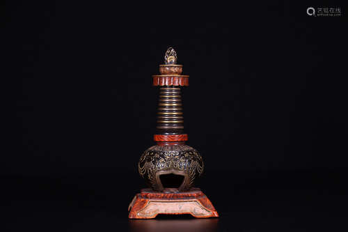 17-19TH CENTURY,  A BRONZE GLAZE PORCELAIN PAGODA, QING DYNASTY