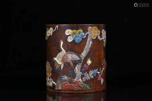 17-19TH CENTURY, A CRANE PATTERN BAMBOO BRUSH POT, QING DYNASTY