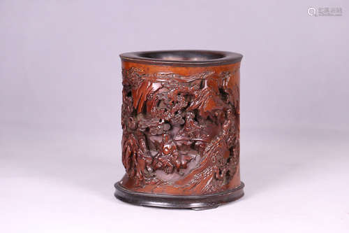 18-19TH CENTURY, A STORY DESIGN BOXWOOD BRUSH POT, LATE QING DYNASTY