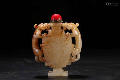 18-19TH CENTURY, A DOUBLE-EAR HETIAN JADE SNUFF BOTTLE, LATE QING DYNASTY