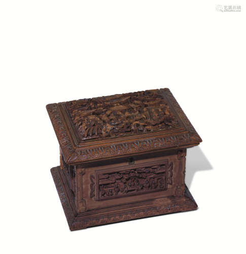 十九世纪 檀香木雕楼阁人物宝石盒