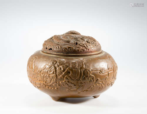 A Chinese copper censer with Lohan scene