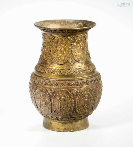 A Thai bronze vessel, decorated with buddhist cartouche