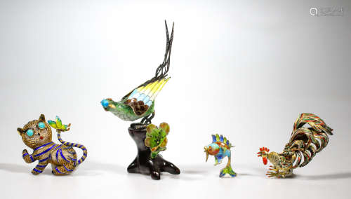 A group of four sterling silver enamel jewelry and statue