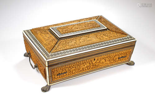 An Anglo-Indian finely carved inlaid wood Sewing / document Chest