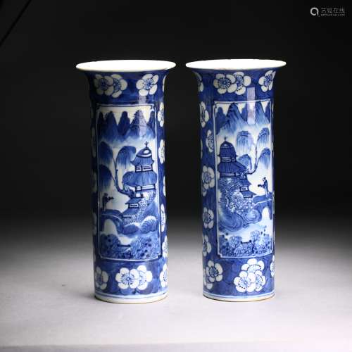 A Pair of Blue and White Vases,Qing Dynasty