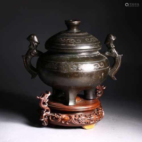 A Rare Silver and Gold -Inlaid Bronze Censer,Ming Dynas