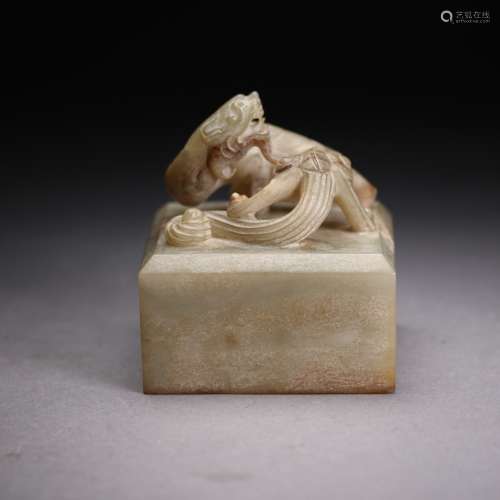 A Chinese Imperial Carved White Jade Seal,Han Dynasty