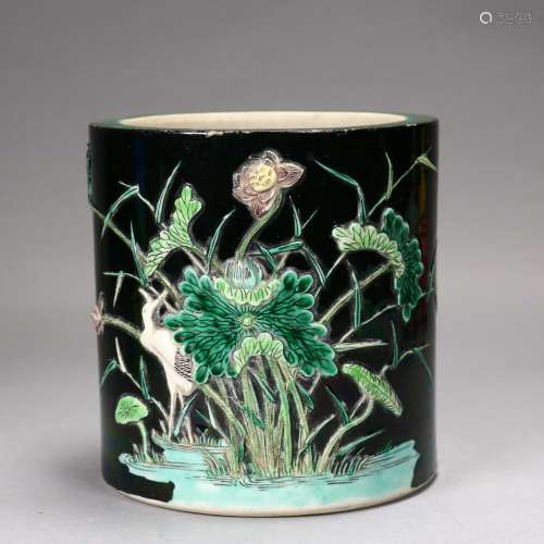 A Chinese Black Glazed Porcelain Brush Pot,
