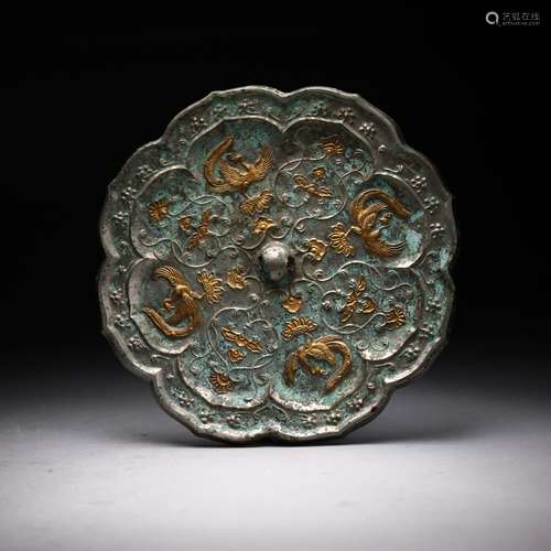 A Chinese Antique Gilt Bronze Mirror, Tang Dynasty.