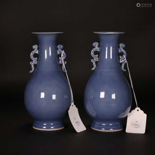A Pair OF Cobalt Glazed Bottle Vases, Qing Dynasty