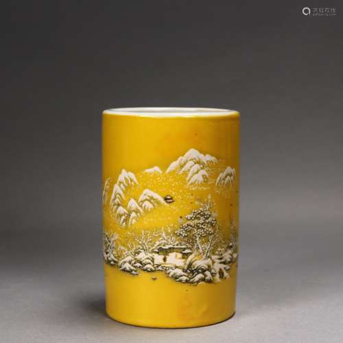 A Chinese Yellow Ground Porcelain Brush Pot