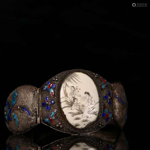 A Chinese Incised Bone and Gem inlaid Silver Bracelet