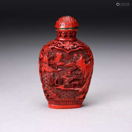 A Chinese Antique Cinnabar Lacquered Snuff Bottle,19th