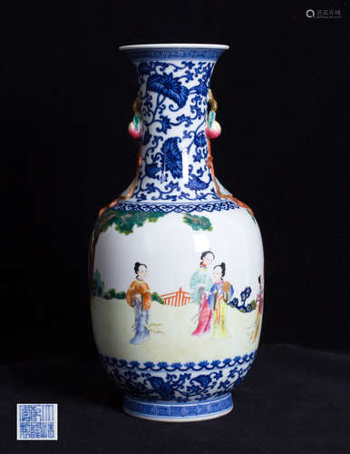 A FAMILLE ROSE LADY-PARTY WITH PEACH EARS VASE WITH QIANLONG MARK