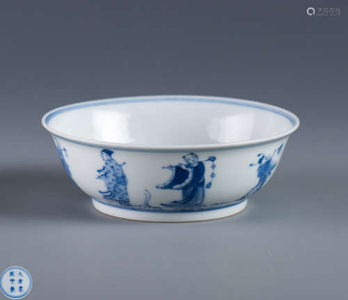 A BLUE & WHITE PORCELAIN BOWL OF EIGHT SAINTS