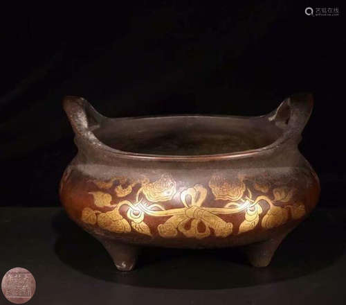 A COPPER GOLD-INLAID CENSER