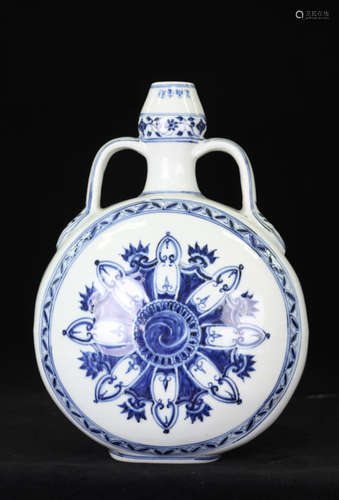 A BLUE & WHITE PORCELAIN VASE IN BLOSSOM DESIGN WITH MARK