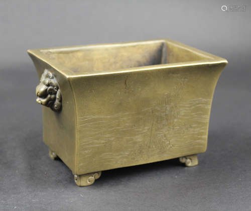 A BRONZE TWIN LION EAR RECTANGULAR CENSER