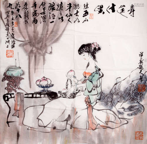 A BIRTHDAY PEACH PICKING INK PAINTING SCROLL FROM PANHONGHAI