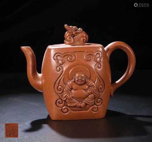 A ZISHA TEAPOT CARVED MAITREYA BUDDHA