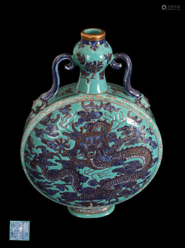 A BLUE -WHITE & BLUE-GLAZE VASE IN DRAGON CARVED