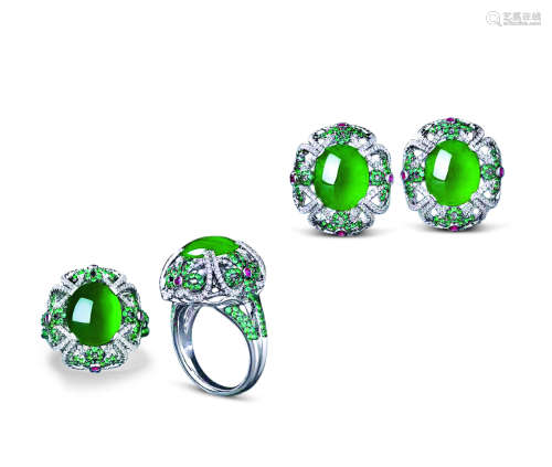天然缅甸翡翠配钻石配祖母绿及红宝石及钻石耳环戒指套装