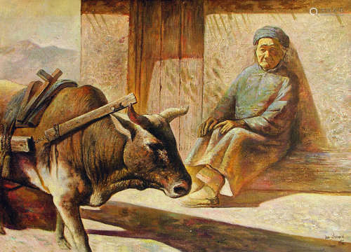 罗中立 老人与牛 布面油画